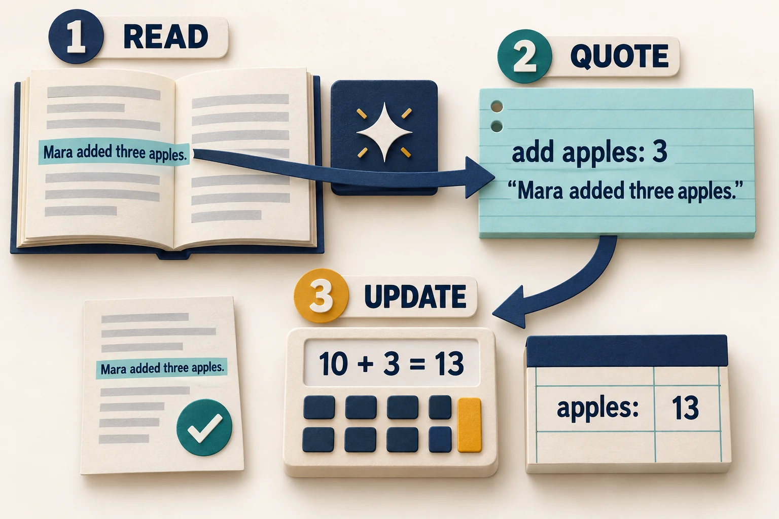 An illustrative sentence, Mara added three apples, becomes a quoted add event. Code applies 10 plus 3 and saves apples: 13.