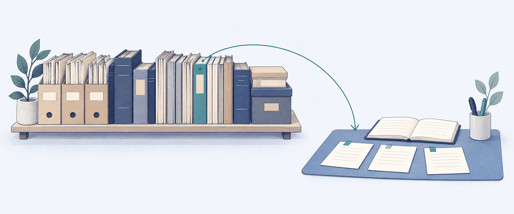 A shelf holds many records, while an arrow brings a few selected excerpts to a small working area.